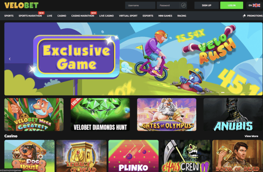 Velobet Casino homepage view